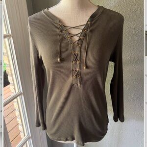 Ralph Lauren - Ribbed V-Neck Lace Up Long Sleeve Henley (Size: XL)